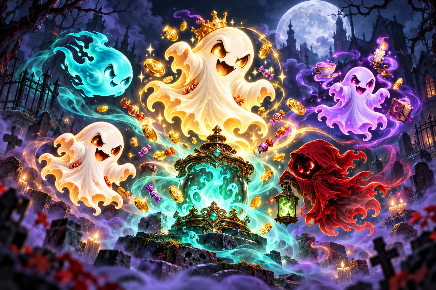 The ghost hunt crest: spirits drifting through cold moonlit mist