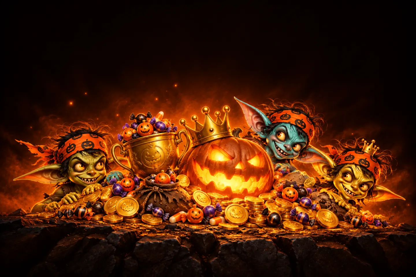 The goblins' stolen hoard: a crowned jack-o'-lantern, a trophy full of candy and a pile of gold coins